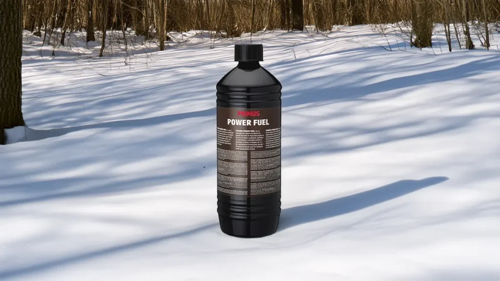 Flaska med Power Fuel från Primus, en bränsle-blandning av heptan och nafta, som står på snöig mark