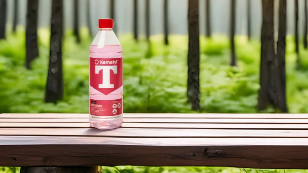 En flaska rödsprit, eller T-sprit, från Kemetyl som står på en bänk.